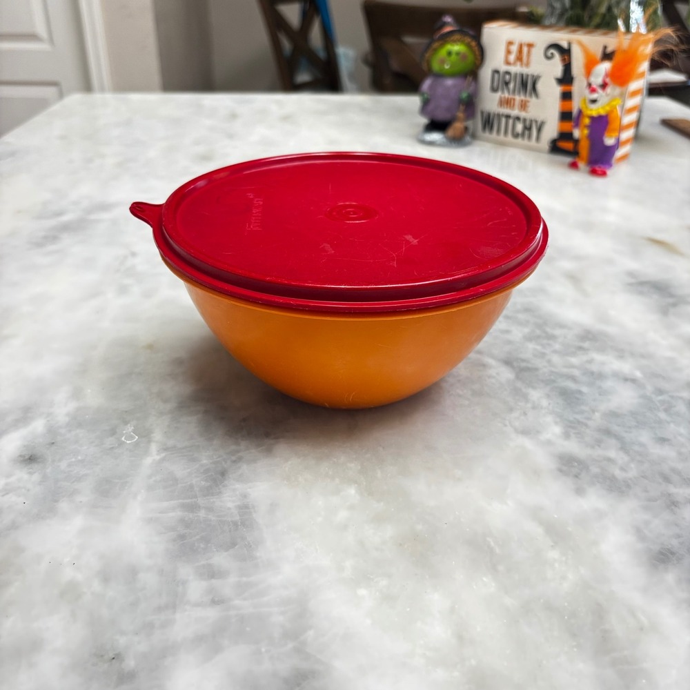 Vintage Tupperware Orange Mixing Bowl with Red Seal Lid Made in USA